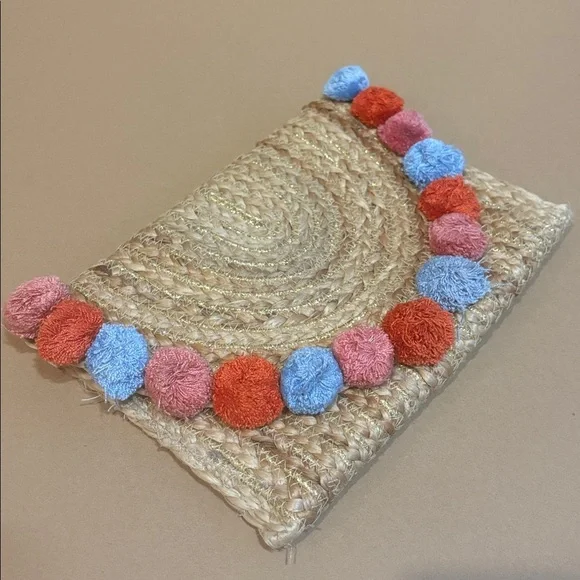 Straw Clutch with Colorful Pom Poms and gold accents - Picture 2 of 4